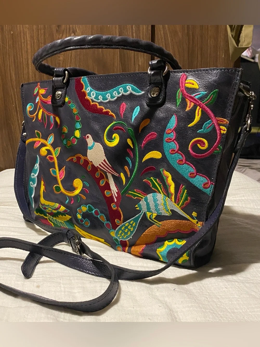 Patricia Nash Navy Birds of Paradise embroidered leather purse bag tote satchel